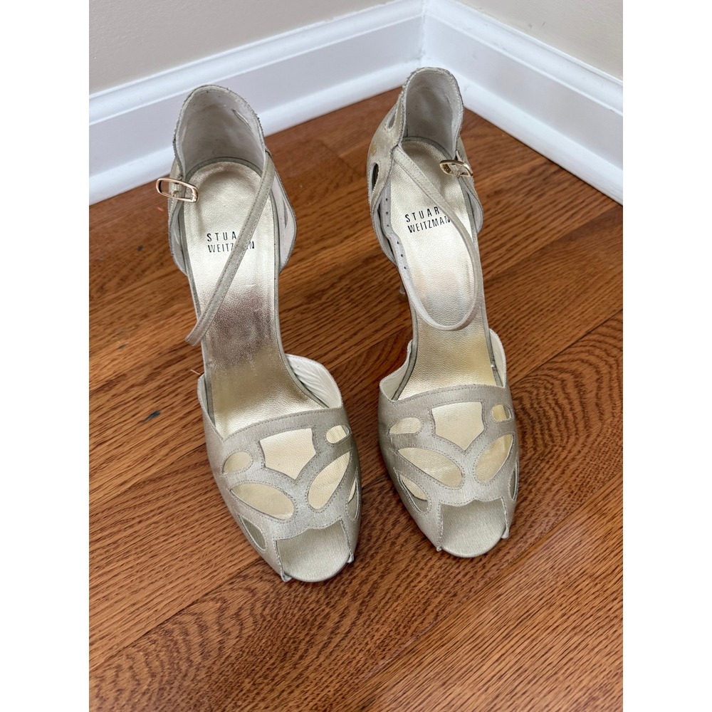 Stuart Weitzman Champagne Gold Fabric Peep Toe Cutout Stiletto Heels Size 9.5